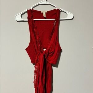 Ambiance Red Sleeveless Tie-Front Top with Lace Trim